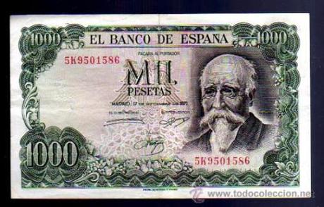 Billete de 1000 pesetas con la efigie de Echegaray en su época el de mayor valor.