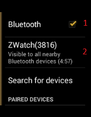 Zwatch screen showing bluetooth enabled