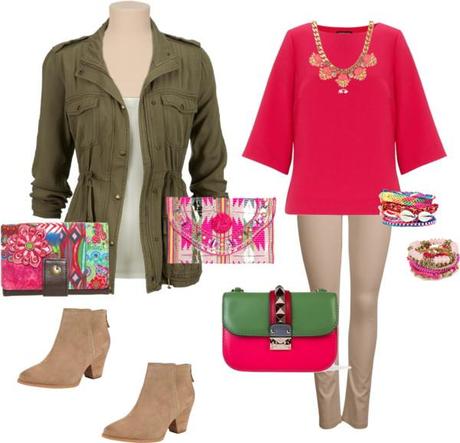 caqui, beige y fucsia caqui, beige y fucsia