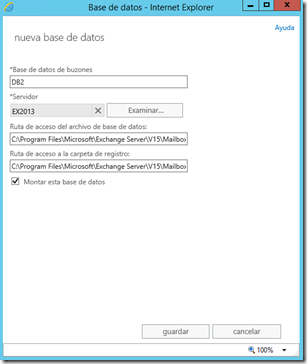 crear una nueva base de datos en exchange 2013