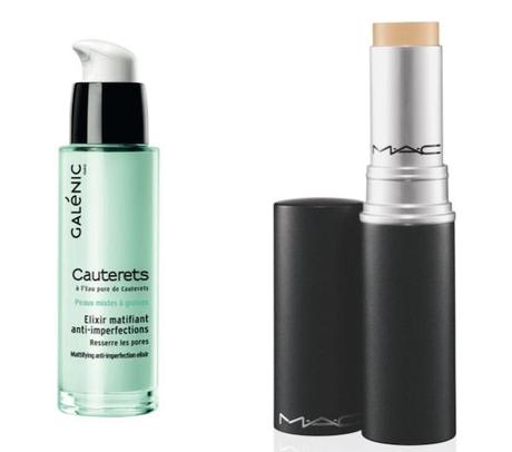 Cómo maquillarte si tienes acné Elixir Cauterets de Galénic, de efecto matificante y antiimperfecciones (izad). Corrector Matchmaster, de MAC Cosmetics.