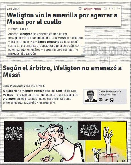 Tratamiento de Mundo Deportivo a las acciones Weligton/Messi y Abate/Cristiano