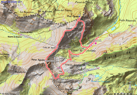 Mapa de la ruta estación de esquí San Isidro, Agujas, Toneo