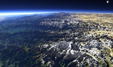 La litósfera está compuesta por la parte más superficial y sólida de la Tierra, de unos cuantos kilómetros de espesor. Fotografía de la Cordillera de los Himalaya tomada por la NASA.