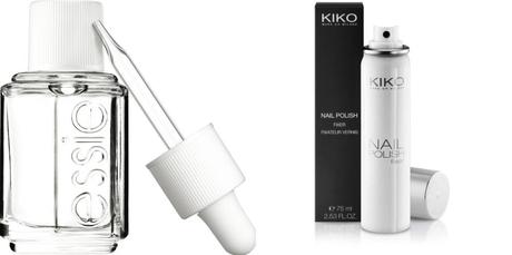 Gotas de secado rápido de Essie y Nail Polish Fixer, de Kiko Make Up Milano, una laca fijadora en spray, con una fórmula de silicona que crea una barrera protectora invisible.