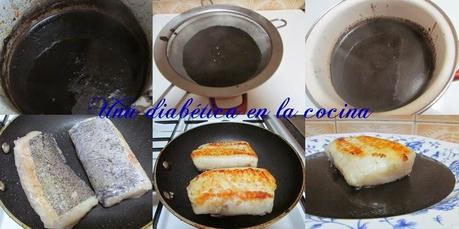 Lomos de merluza a la plancha con salsa de tinta de calamar Lomos de merluza a la plancha con salsa de tinta de calamar
