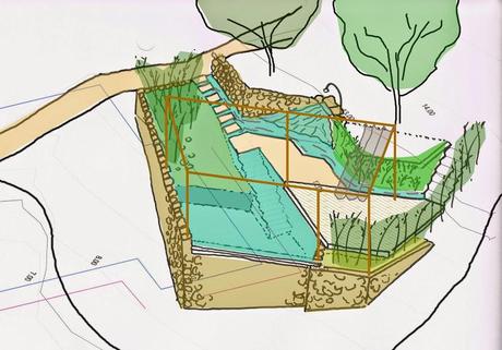 Evolución del diseño de una piscina natural. Biopiscina, boceto.