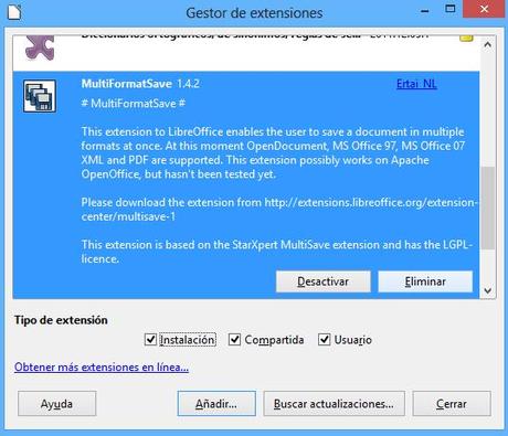 Gestor de extensiones, eliminar extensiones de LibreOffice