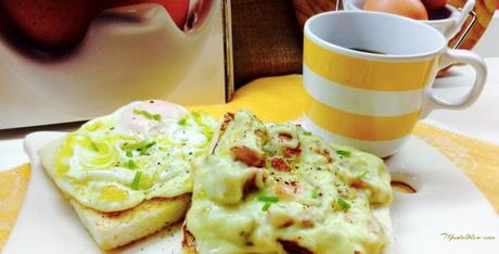 Tosta de huevo con bechamel de bacón y cebolla