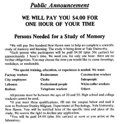 Experimento Milgram: ¿Eres capaz de torturar a otra persona? Anuncio Experimento Milgram