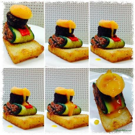 Pintxo de morcilla, calabacín, yema y crema vizcaína Pintxo de morcilla, calabacín, yema y crema de verdura a la vizcaína emplatado_Fotor