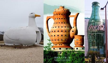 Edificio Pato en Long Island (EEUU), Museo del té en Meitan (China) y Museo Coca-cola en Atlanta (EEUU)