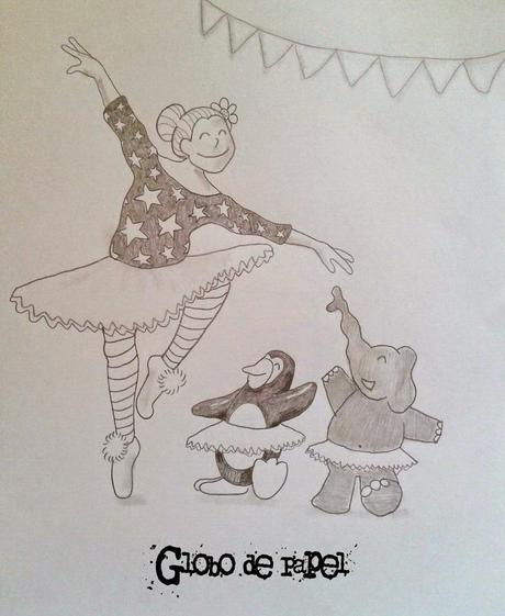 Boceto a lápiz de una mujer bailarina con tutú, brazos extendidos y piernas flexionada sonriendo. A la derecha y en pequeño tamaño un pingüino y un elefante con tutú imitando la postura de la mujer