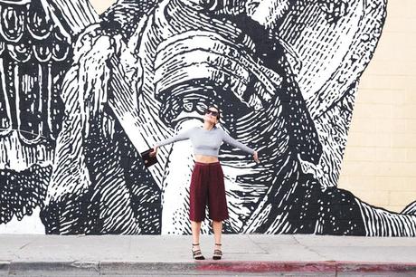 GRAFFITI CITY Burgundy_Culottes-Bucklet_Heels-Cropped_Top-Ponytail-Outfit-Los_Angeles-Street_Style-11
