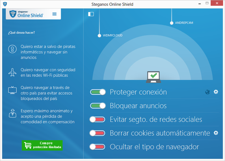 Steganos Online Shield VPN: Protección anti-hackers y sin anuncios Steganos Online Shield VPN - Imagen Pantalla principal