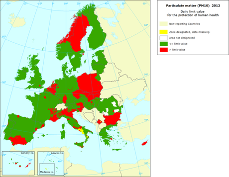 PM10: Mapa del valor límite diario para protección de la salud (Europa, 2012)