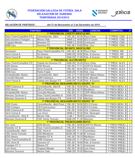 Horarios fútbol ourensano y sala base (Del 27 de Noviembre al 3 de Diciembre)