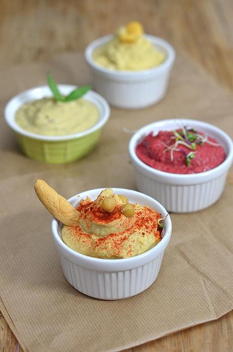 Hummus variados: clásico, de remolacha, de altramuces y de pesto