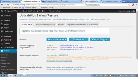 Copia de seguridad blog wordpress. Pestaña estado actual de UpdraftPlus