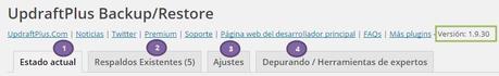 Hacer copia seguridad WordPress. Pestañas de UpdraftPlus