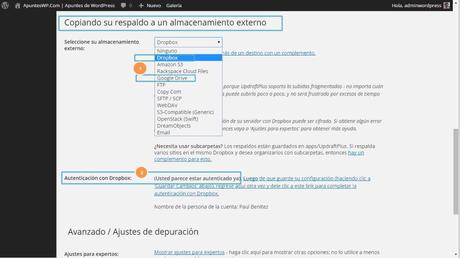 Copia seguridad wordpress plugin. Definiendo los ajustes de UpdraftPlus (3)