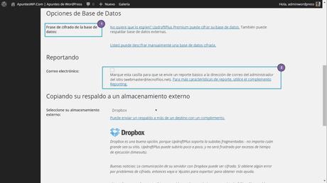 Copia seguridad wordpress plugin. Definiendo los ajustes de UpdraftPlus (2)