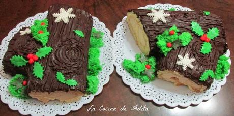 Tronco, relleno de turrón, con bizcocho esponja de pistacho