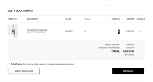 La espléndida experiencia de compra en Zara Online. Cesta de la Compra