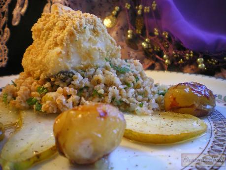 Bacalao almendrado sobre taboule de bulgur Bacalao almendrado sobre taboule de bulgur