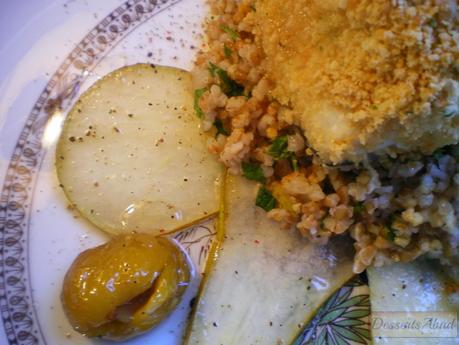 Bacalao almendrado sobre taboule de bulgur Bacalao almendrado sobre taboule de bulgur