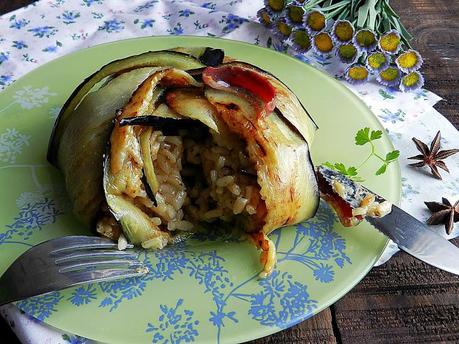 Charlota de berenjena rellena de risotto a los 4 quesos y jamón de pato Charlota de berenjena rellena de risotto a los 4 quesos y jamón de pato