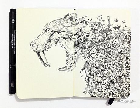 Animal doodle en puntafina sobre libreta Moleskine de Kerby Rosanes