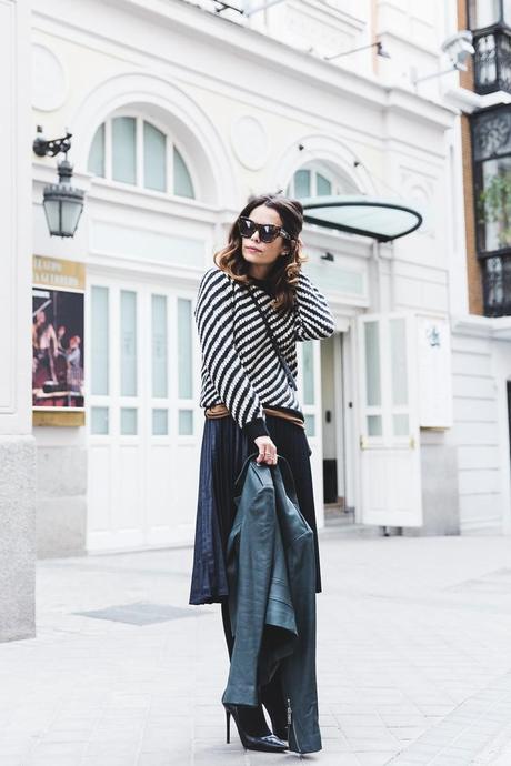 Pleated_Skirt-Striped_Sweater-APC_Paris-Green_Biker_Jacket-Reiss_Fashion-Outfit-Street_Style-28