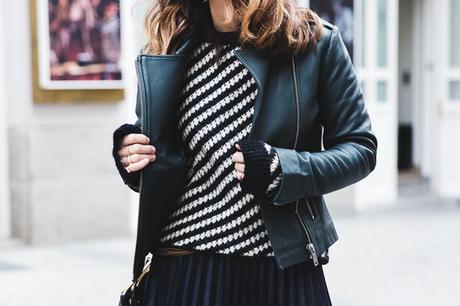Pleated_Skirt-Striped_Sweater-APC_Paris-Green_Biker_Jacket-Reiss_Fashion-Outfit-Street_Style-45