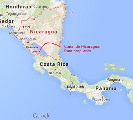 Canal de Nicaragua: una vía para la polémica Canal de Nicaragua vs Canal de Panamá. Mapa: Creación propia con Google Maps.