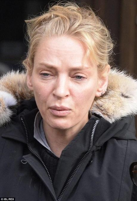 A different look for an A lister: Uma Thurman was almost unrecognizable as she left her hotel in Sweden on Saturday with no makeup on