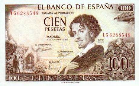 Billete de 100 pesetas con el retrato de Gustavo Adolfo Bécquer