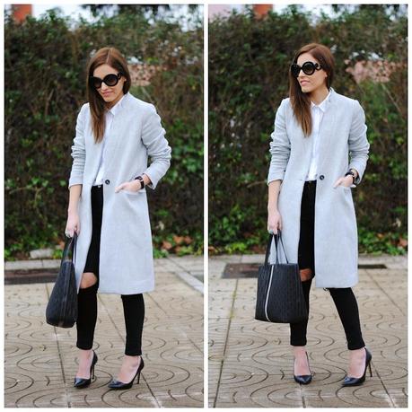 Grey coat.