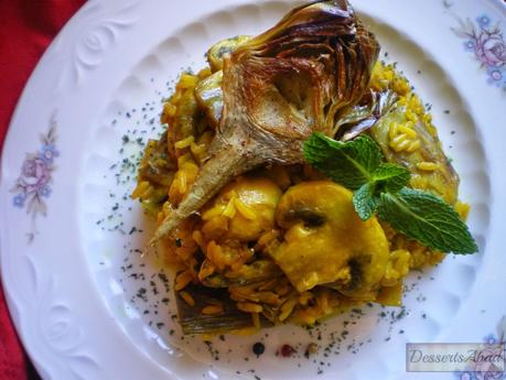 Arroz con alcachofas y champiñones