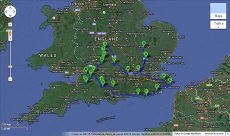 Mapa itinerario 13 días por el sur de Inglaterra