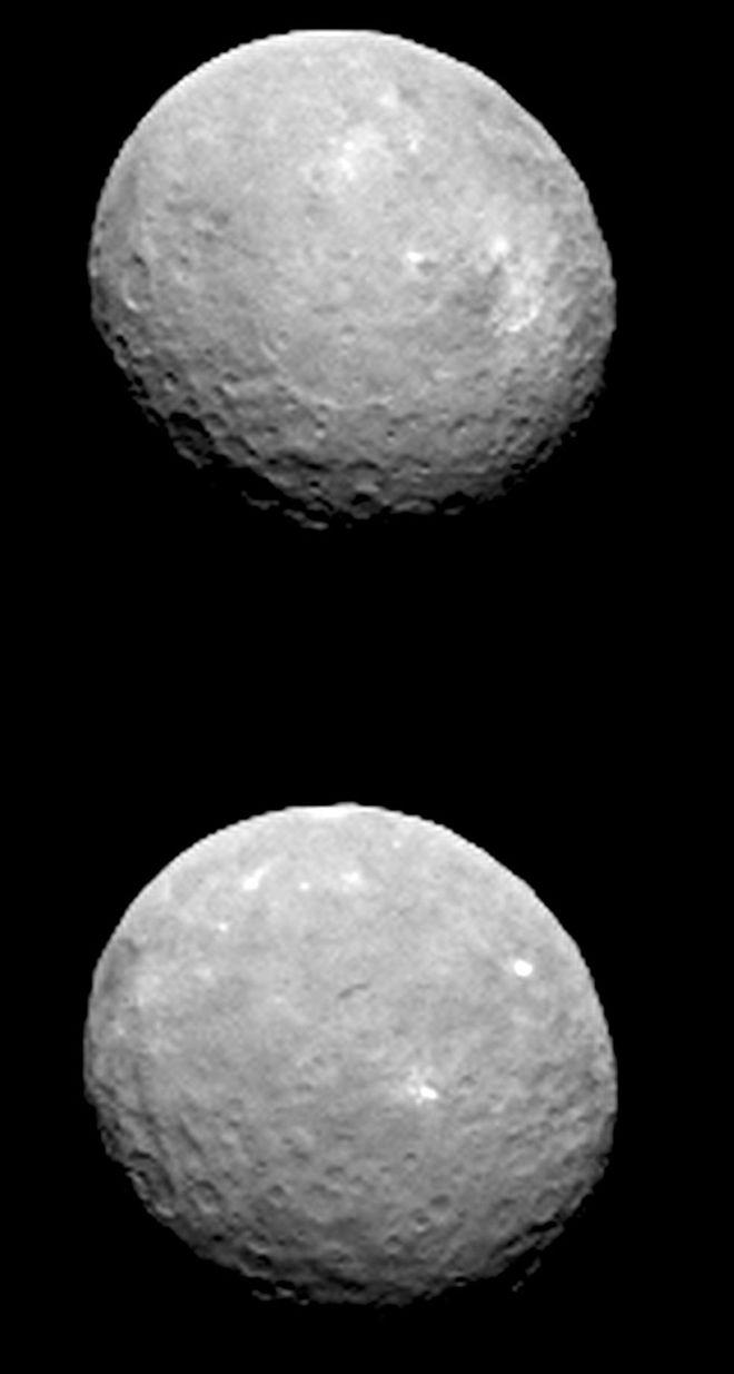 Cráteres oscuros y manchas brillantes en el asteroide Ceres