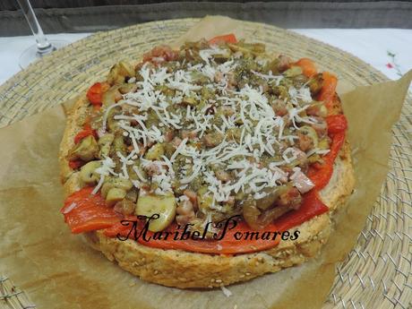 Costrini de pimiento, jamón de pavo, cebolla asada, champiñon y queso. Costrini de pimiento, jamón de pavo, cebolla asada, champiñon y queso.