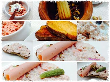 Tosta con crema de mortadela, frutos secos y pimienta rosa Tosta con crema de mortadela, frutos secos y pimienta rosa