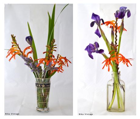 arreglo floral, ramo, flores, alelies, lirio, iris, bulbos, botellas antiguas, vaso, diy, 