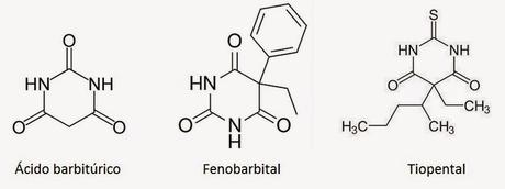 Estructuras químicas del ácido barbitúrico, el fenobarbital y el tiopental barbituric acid phenobarbital thiopental