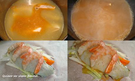 Rodaballo con langostinos en papillote Rodaballo con langostinos en papillote