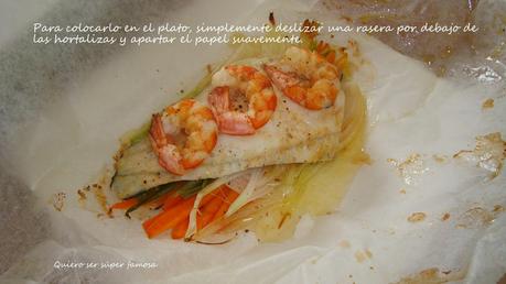 Rodaballo con langostinos en papillote Rodaballo con langostinos en papillote