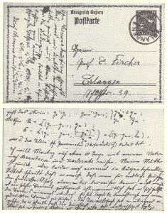 Postal escrita por Emmy Noether en abril de 1915, donde discute temas de álgebra abstracta con su colega Ernst Fischer.