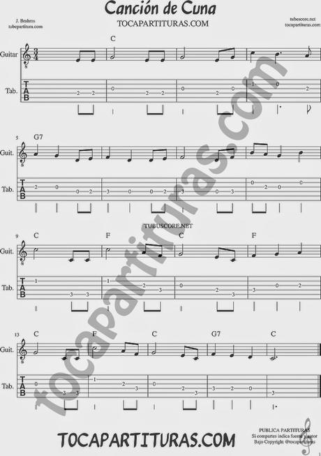 Tubepartitura Canción de Cuna de Brahms Tablatura y Punteo de Guitarra con Acordes Canción de Música Clásica