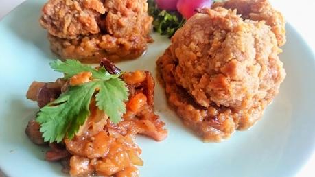 Pollo vegetal VFC Vegesan con salsa-choutney de caquis Pollo vegetal VFC Vegesan con salsa-choutney de caquis